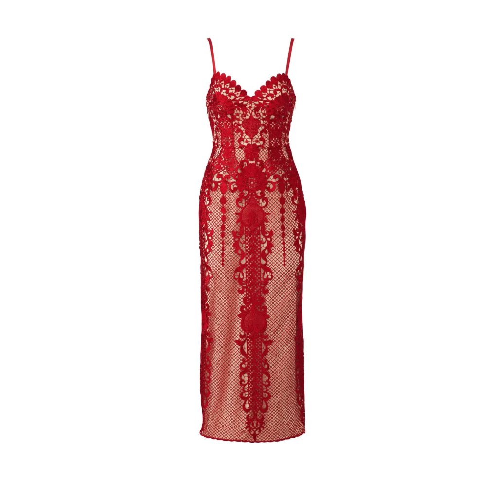 Preowned $680 Catherine Deane Red Lace Lena Dress Us Size 8